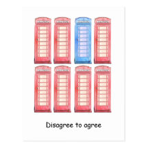 Disagree to agree - red and blue phone booth post card