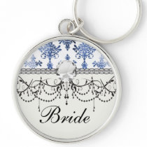 distressed white and royal blue damask pattern key chain