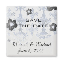distressed white and royal blue damask pattern fridge magnets