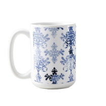 distressed white and royal blue damask pattern mugs
