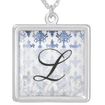 distressed white and royal blue damask pattern custom necklace