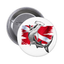 Dive flag with hammerhead shark-diver down pinback buttons