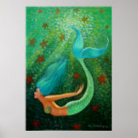 Diving Blue Hair Mermaid fantasy art Poster