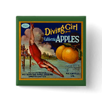 Diving Girl Apples - Vintage Fruit Crate Label Pinback Button