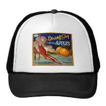 Diving Girl Apples - Vintage Fruit Crate Label Mesh Hat