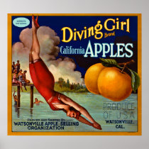 Diving Girl Brand California Apples - Vintage Print