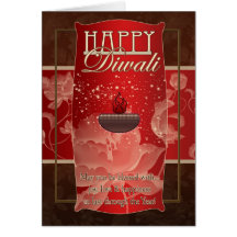 Diwali Greeting Card With Lamp And Flowers Red And