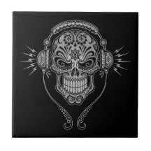 DJ Sugar Skull, dark Ceramic Tile