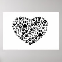 Dog Paws Trails Pawprints Heart White, Black