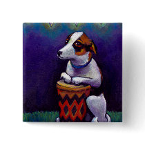Dog playing bongo drum fun original drumming art button