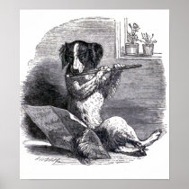 "Dog Playing the Flute" Vintage Illustration Poster