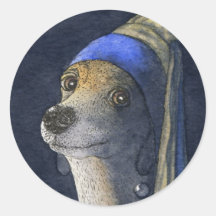 Dog with a pearl earring round sticker