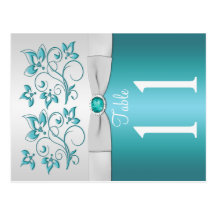 Double-sided Aqua and silver Floral Table Number Postcards
