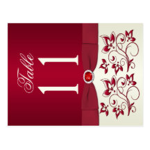 Double-sided Red and Ivory Floral Table Number Postcards