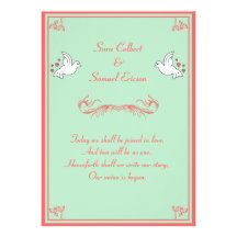 Doves with Hearts Mint, Peach, and White 5"X7" Announcements