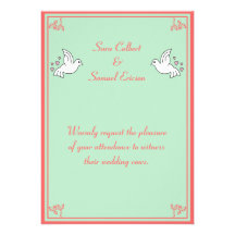 Doves with Hearts Mint, Peach, and White 5"X7" Custom Invitations