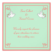 Doves with Hearts Mint, Peach, and White Invite