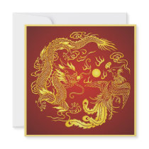 Dragon Phoenix Red Gold Chinese Wedding Invitation