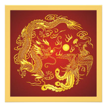 Dragon Phoenix Red Gold Chinese Wedding Invitation
