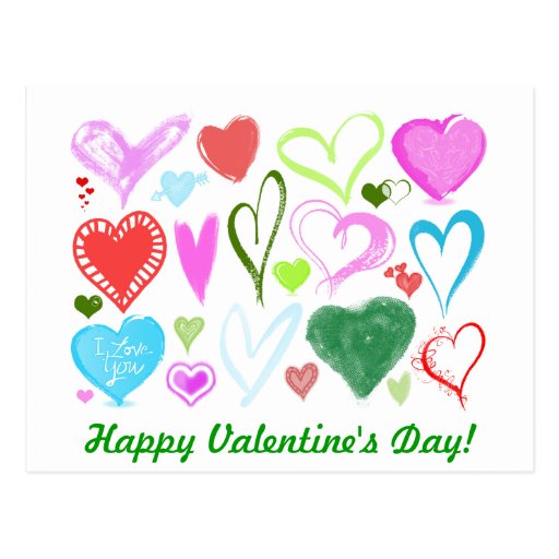 Drawn Love Romance Hearts Red Blue Pink Green Postcards