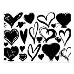 Drawn Love Romance Hearts White, Black Post Cards
