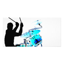 Drummer sticks in air shadow blue invert drums photo card template
