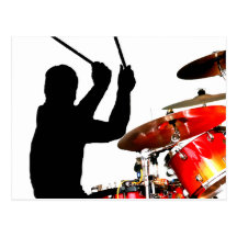 Drummer sticks in air shadow real drums post cards