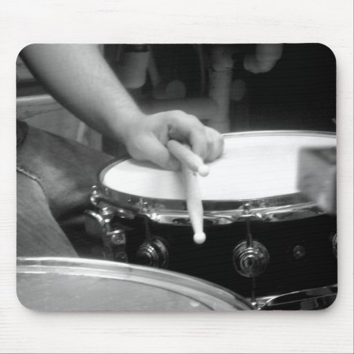 drums and drumsticks black and white mouse pads