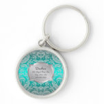 Duchess Teal Damask Silver Plaque Pet Tag keychains