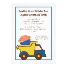 Dump Truck with Cupcake Blue Invitations