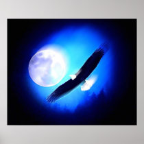Eagle in Flight & Full Moon Print Eagles Posters