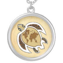 Earth Day Turtle World On Shell Silver Necklace