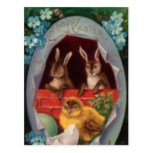 Easter Bunnies and Chick Vintage Postcard