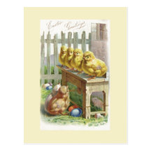 Easter - Chicks, Eggs & Bench - Antique Postcard