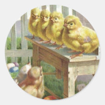 Easter - Chicks, Eggs & Bench - Antique Postcard Round Stickers