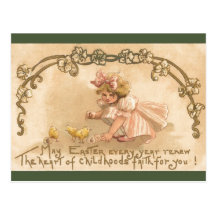Easter- Girl Pink Dress Chicks - Antique Postcard