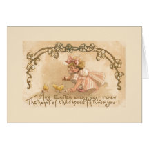 Easter- Girl Pink Dress Chicks - Antique Postcard