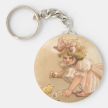 Easter- Girl Pink Dress Chicks - Antique Postcard Keychain