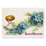 Easter Greetings with Blue Flowers and Baby Chick Card