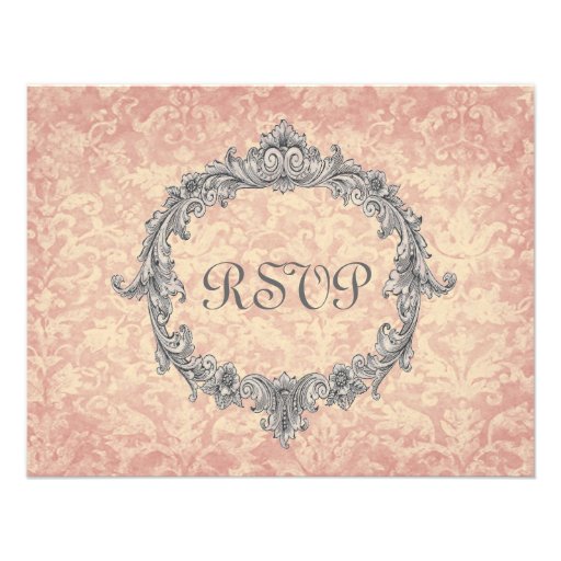 Ecru Peach Damask Vintage RSVP Wedding Response Custom Invitations