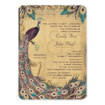 Eggplant Aqua and Gold Peacock Vintage 3 Feathers Personalised Announcements