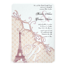 Eiffel Tower Vintage Damask Silver Peony Lavender Personalized Invites