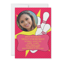 Electric Pink No Time To Spare Bowling Party Photo Personalized Invitation
