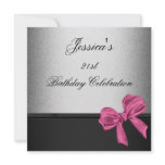 Elegant 21st Birthday Black Silver Pink Bow Personalized Invitation
