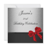 Elegant 21st Birthday Black Silver Red Bow Metal Personalized Invites