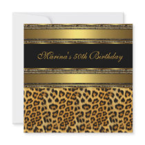 Elegant 50th Birthday Party Black Gold Cheetah 2 Personalised Invitation