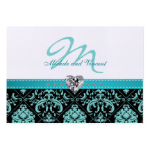 Elegant Aqua Blue and Black Damask Monogram RSVP Business Card Templates
