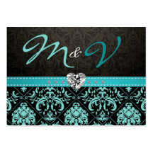Elegant Aqua Blue and Black Damask RSVP Business Card Templates