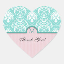 Elegant Aqua Blue & Pink Damask Thank You Heart Sticker