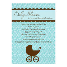 Elegant Baby Shower Carriage and Blue Damask Personalised Invites